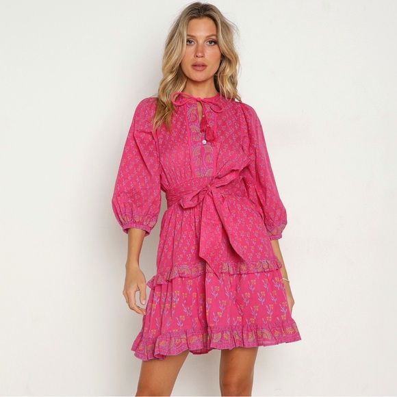 Cleobella Dresses & Skirts - Cleobella Demi Long Sleeve Mini Dress Cotton Ditzy Magenta Floral Boho Large